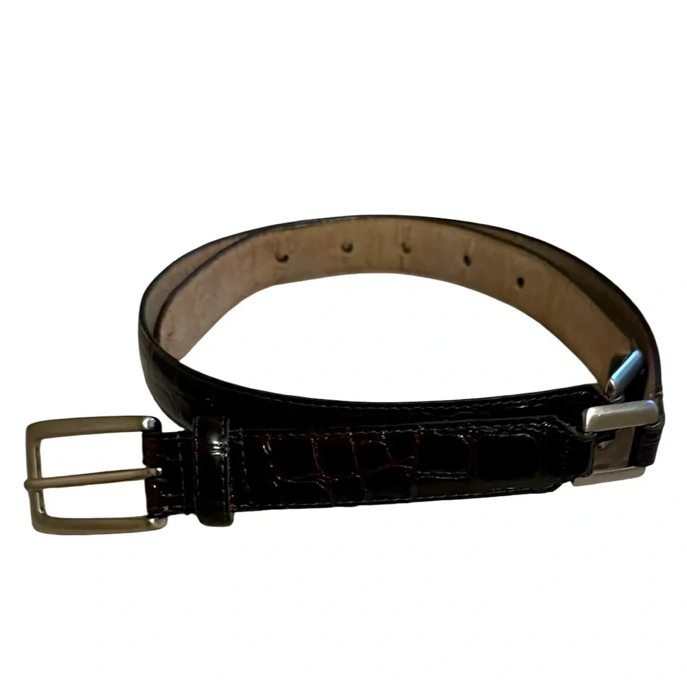 Embossed  alligator print Dark Brown leather belt with silver metal accents, M/L